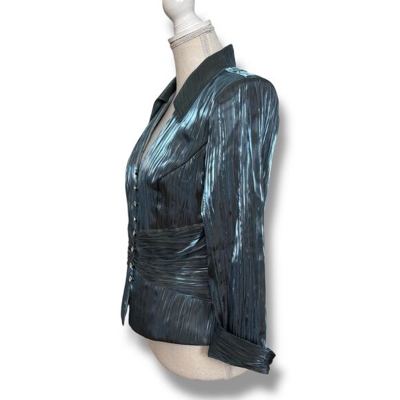 Dress Barn Formal Blue Crinkle Button Up Top Size 8 - Picture 3 of 7